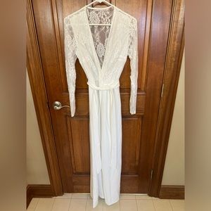 SHEIN Privé Contrast Lace Overlap Collar Belted Culotte Jumpsuit